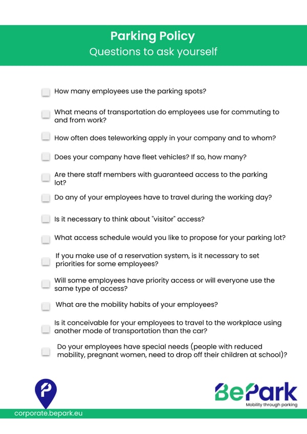Parking policy question checklist for companies corporate